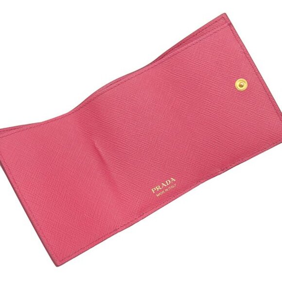 Prada Trifold Wallet Metal Logo Leather Pink Gold Hardware Compact Wallet - Picture 6 of 13